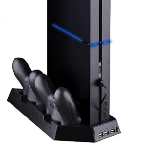 4-in-1 PS4 Vertikalständer mit Lüfter, USB-Hub und Ladestation für 2 Controller