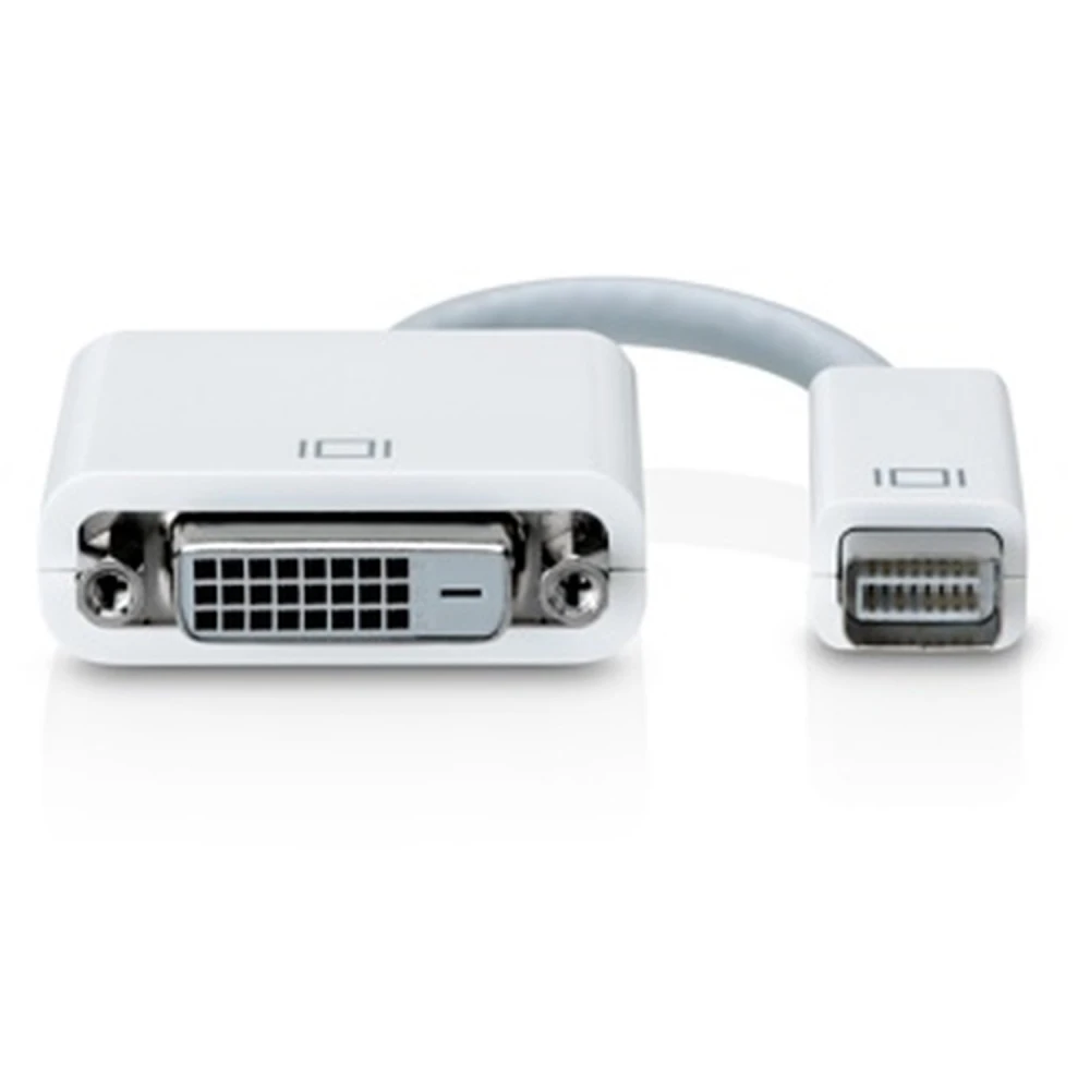 Vista del adaptador Mini DVI a DVI mostrando ambos conectores