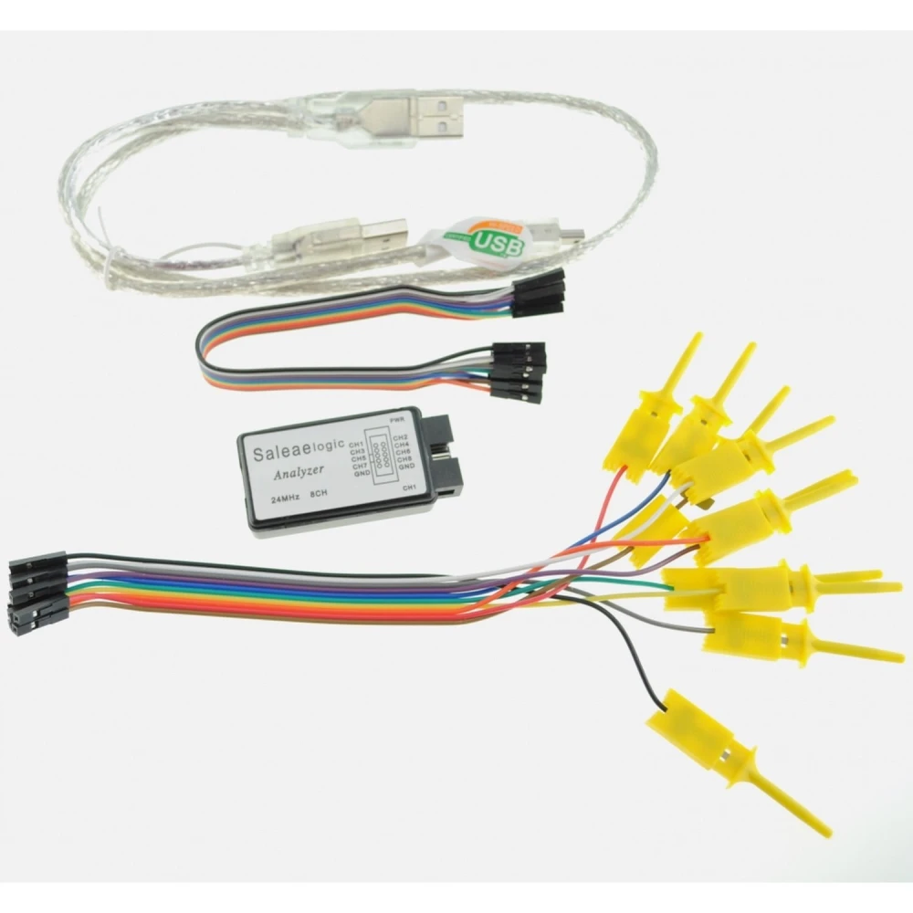 Analizador logico 24MHz 8 canales compatible Saleae con cable USB y accesorios incluidos