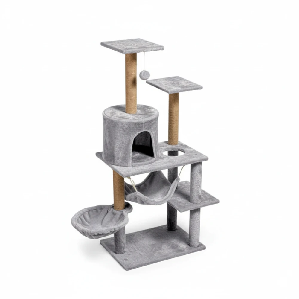 Kratzbaum für Katzen 125 cm mit Hängematte, Höhle und Sisalstämmen