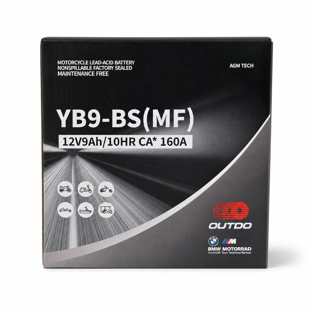 Motorradbatterie AGM 12V 9Ah OUTDO YB9-BS(MF) - Kompatibel Yuasa YB9-B / GS GM9Z-3B-1 / GS YB9-B / 12N9-4B-1 (flooded)