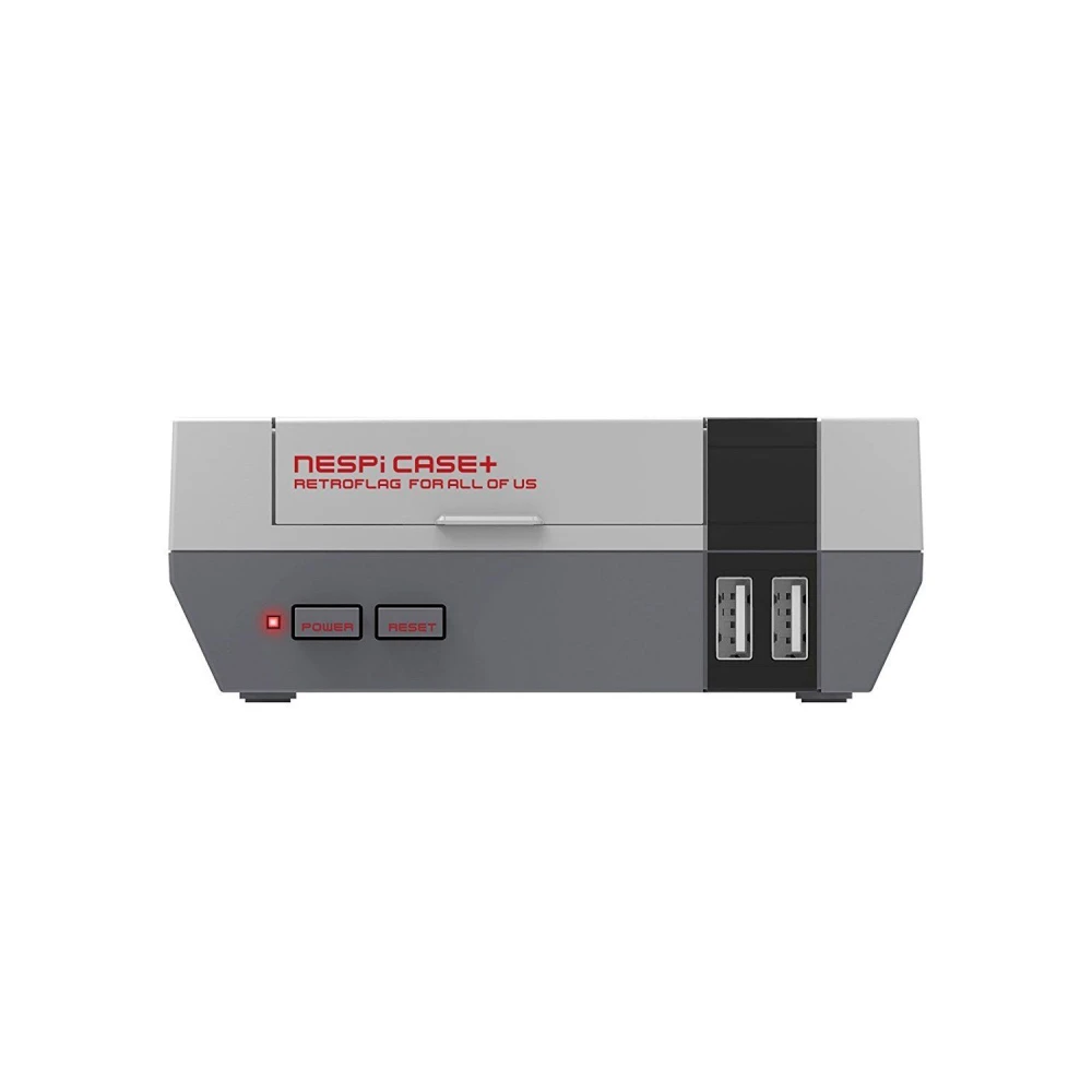 Vista frontal de la caja Retroflag NesPi para Raspberry Pi 3 con tapa de cartucho y botones