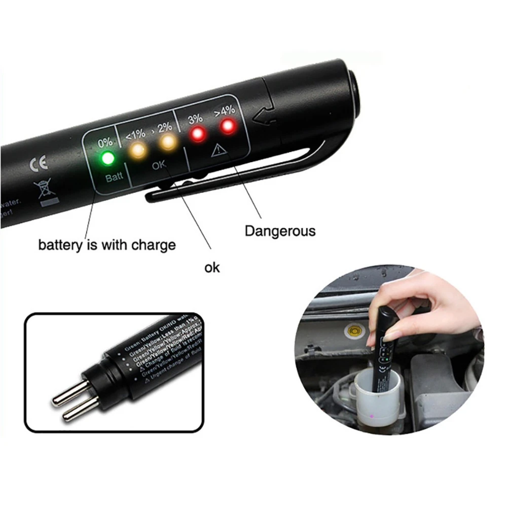 Detalle del comprobador liquido de frenos con 5 LED mostrando indicadores LED