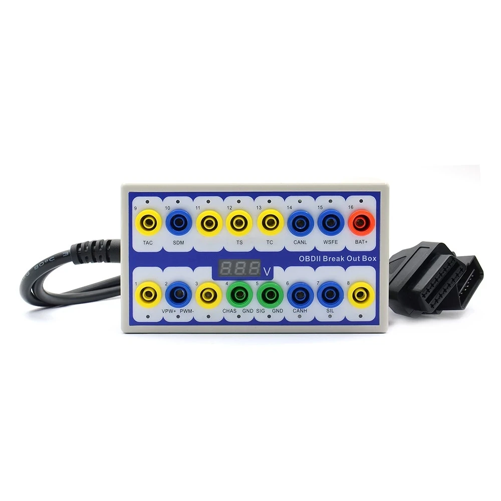 Vista frontal del OBDII Breakout Box Detector de Protocolo para taller