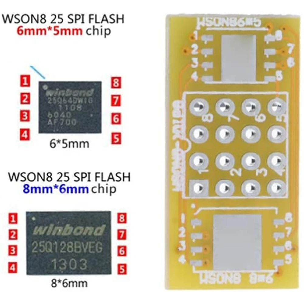 Vista frontal de la placa adaptadora WSON8 a DIP8 para programadores