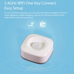 Vista lateral del sensor de movimiento WiFi SONOFF con etiqueta de especificaciones