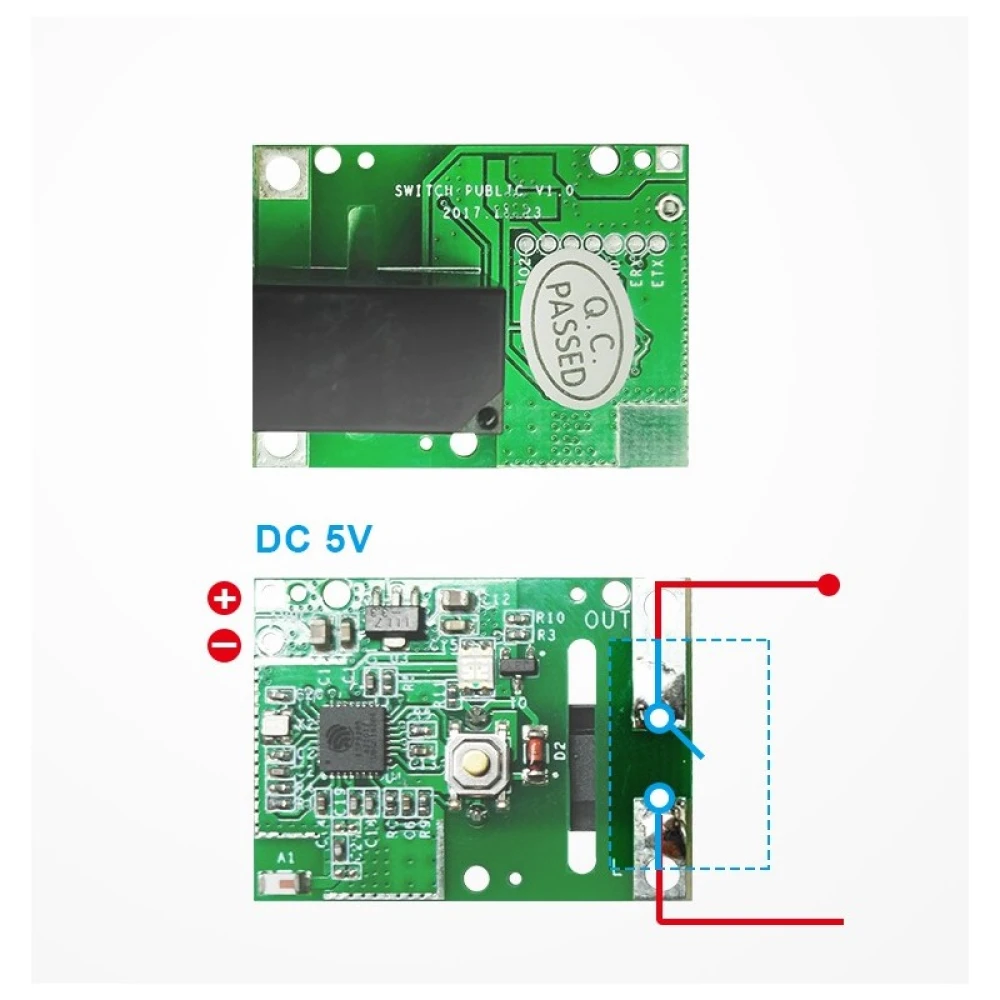 Vista frontal del módulo relé Sonoff RE5V1C para domótica