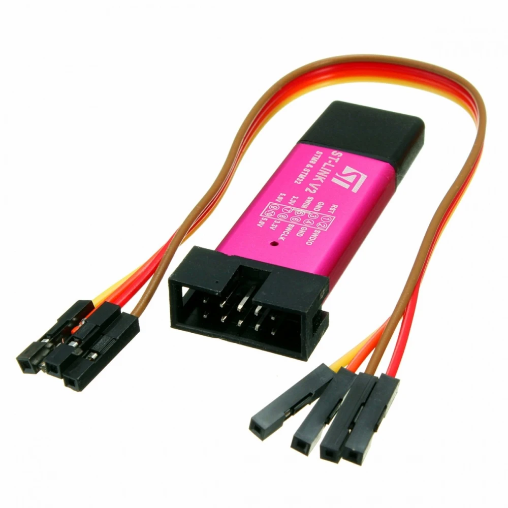 Vista frontal del St-Link V2 Mini programador STM32 con indicadores LED
