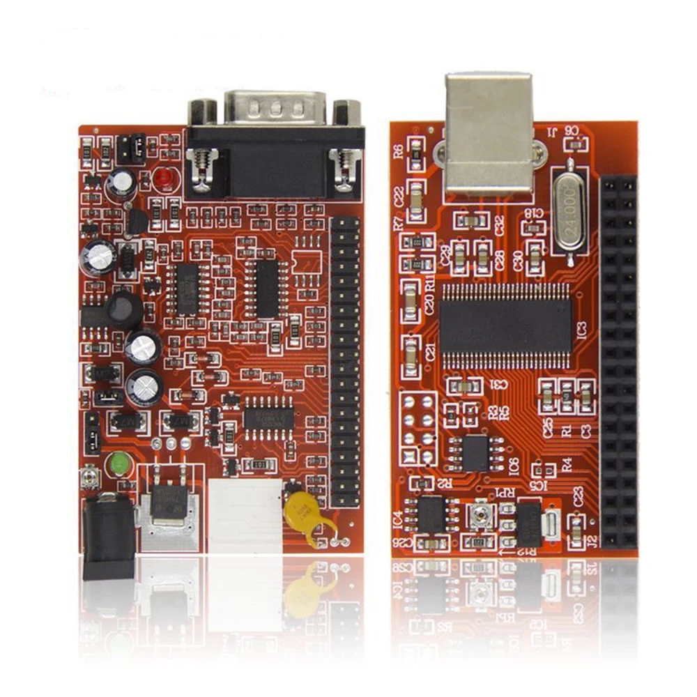 Detalle del programador UPA USB V1.3 mostrando conectores y adaptadores