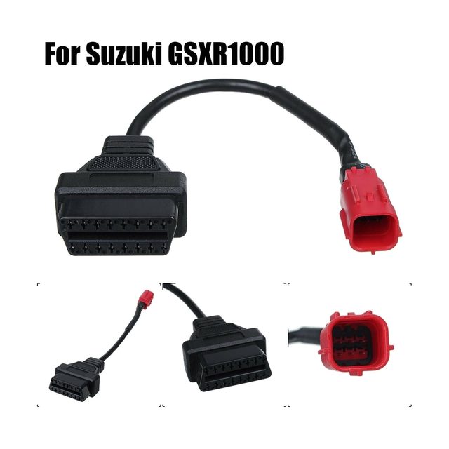 Kurzes Adapterkabel für Suzuki-Motorräder mit rotem 6-Pin-Stecker und schwarzer 16-poliger OBD2-Buchse