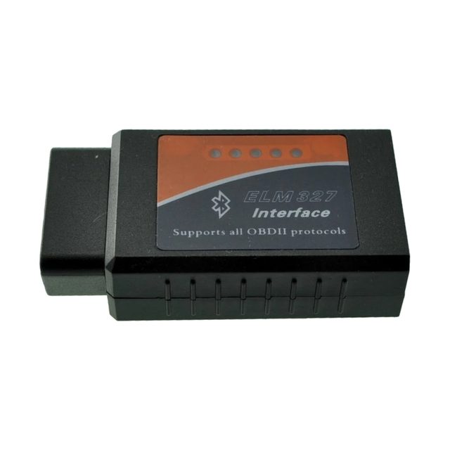 Schwarzer ELM327 Bluetooth v1.5 mit orangefarbenem Etikett und 16-poligem OBD2-Stecker