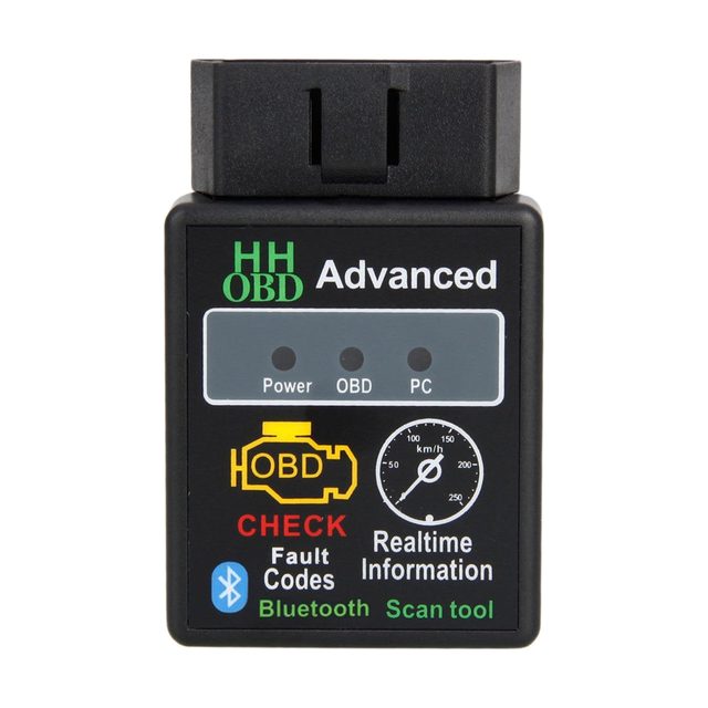 Schwarzer ELM327 Bluetooth „HH OBD Advanced“ von vorn, mit den Leuchten Power, OBD und PC