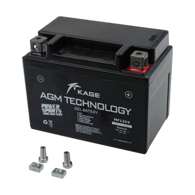Gel-Motorradbatterie YB4L-B von vorn mit beiden Batteriepolen