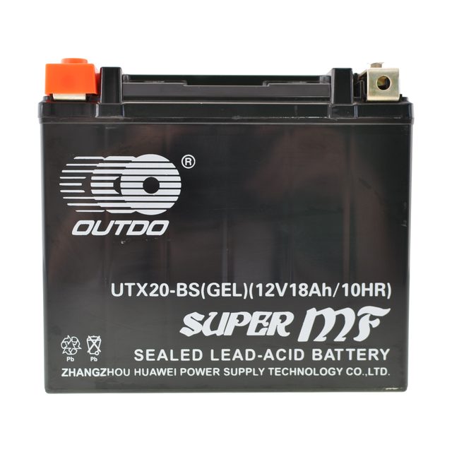 Gel-Motorradbatterie YTX20-BS von vorn mit beiden Batteriepolen