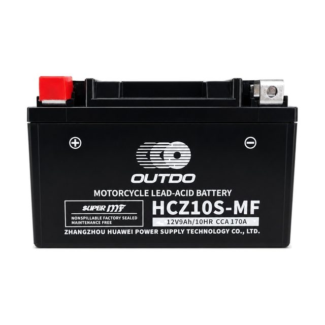 OUTDO HCZ10S-MF, Motorradbatterie YTZ10S von vorn mit beiden Batteriepolen
