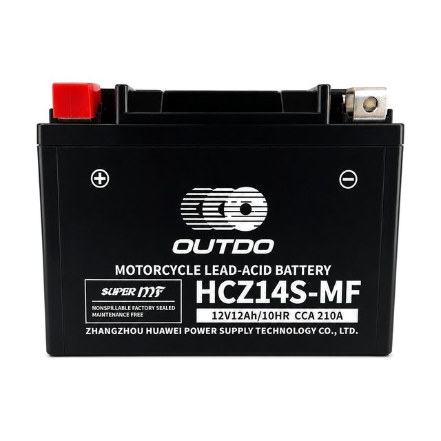 OUTDO HCZ14S-MF, Motorradbatterie YTZ14S von vorn mit beiden Batteriepolen