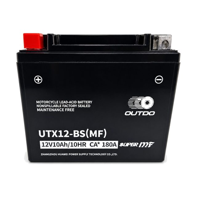 OUTDO UTX12-BS, Motorradbatterie YTX12-BS von vorn mit beiden Batteriepolen