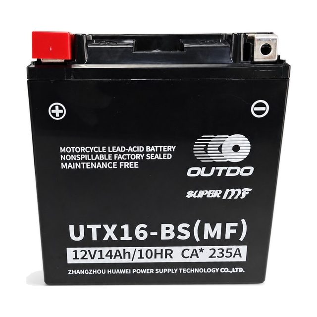 OUTDO UTX16-BS, Motorradbatterie YTX16-BS von vorn mit beiden Batteriepolen